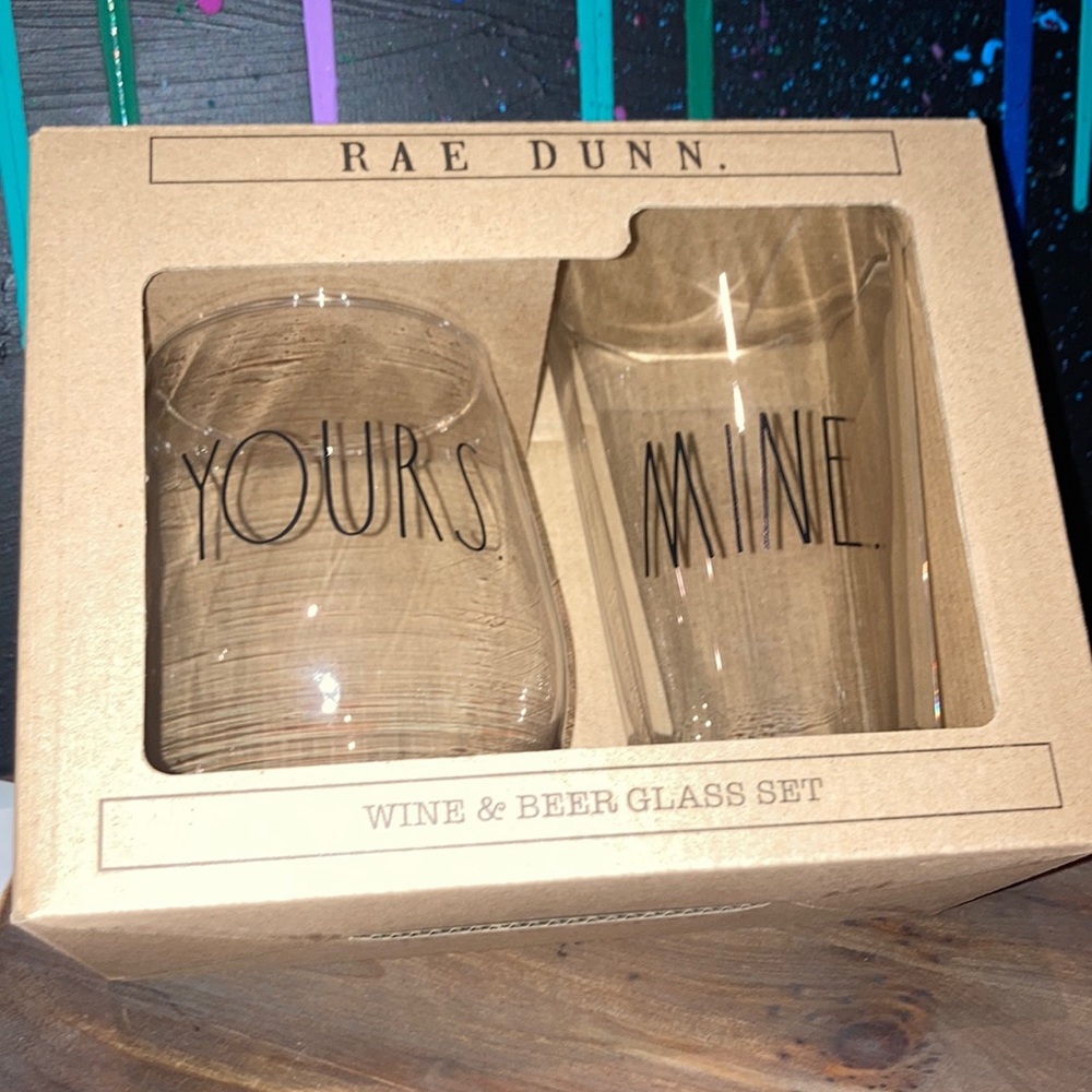 💋❤️ RAE DUNN - YOURS Stemless Wine Glass & MINE Pint Beer Glass New in Box ❤️💋